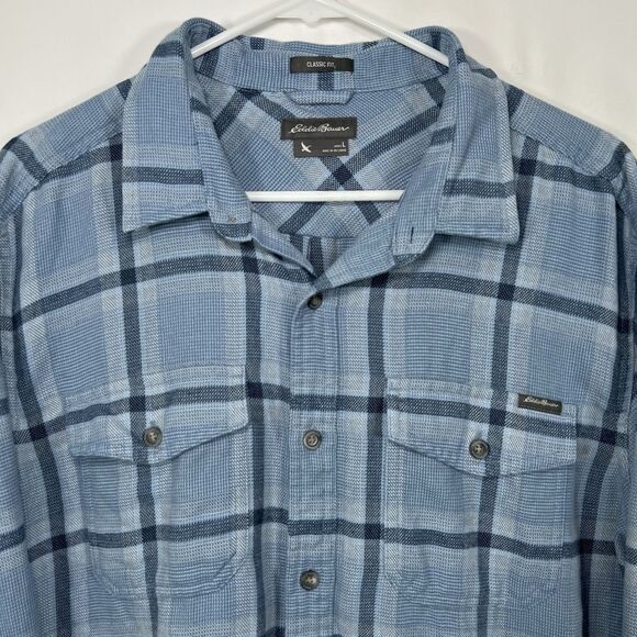 Eddie Bauer Classic Fit Button Up Flannel Shirt Mens Size Large Blue Plaid LS - Picture 2 of 13